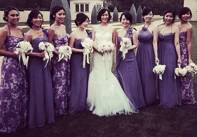 Print and block coloured bridesmaid dresses Bridesmaids in print and block colours