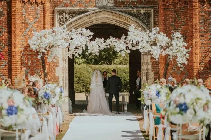 A couple getting married at Leez Priory wedding venue in Essex